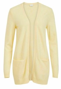 Yellow cardigan made from soft knit material. Features a V-neck, open front, long sleeves, and two front pockets. Ribbed sleeve cuffs.