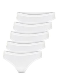 Fem par hvide bomuldsunderbukser med en blød elastisk talje og en glat tekstur. Hver underbukse har et simpelt, klassisk snitdesign.