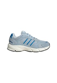 Light blue athletic shoe featuring mesh and suede materials, three blue stripes, and a white midsole with textured black outsole.