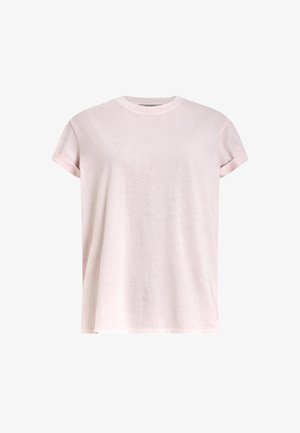 Light pink short-sleeve t-shirt made of soft fabric, featuring a round neckline and a relaxed fit with rolled sleeves.