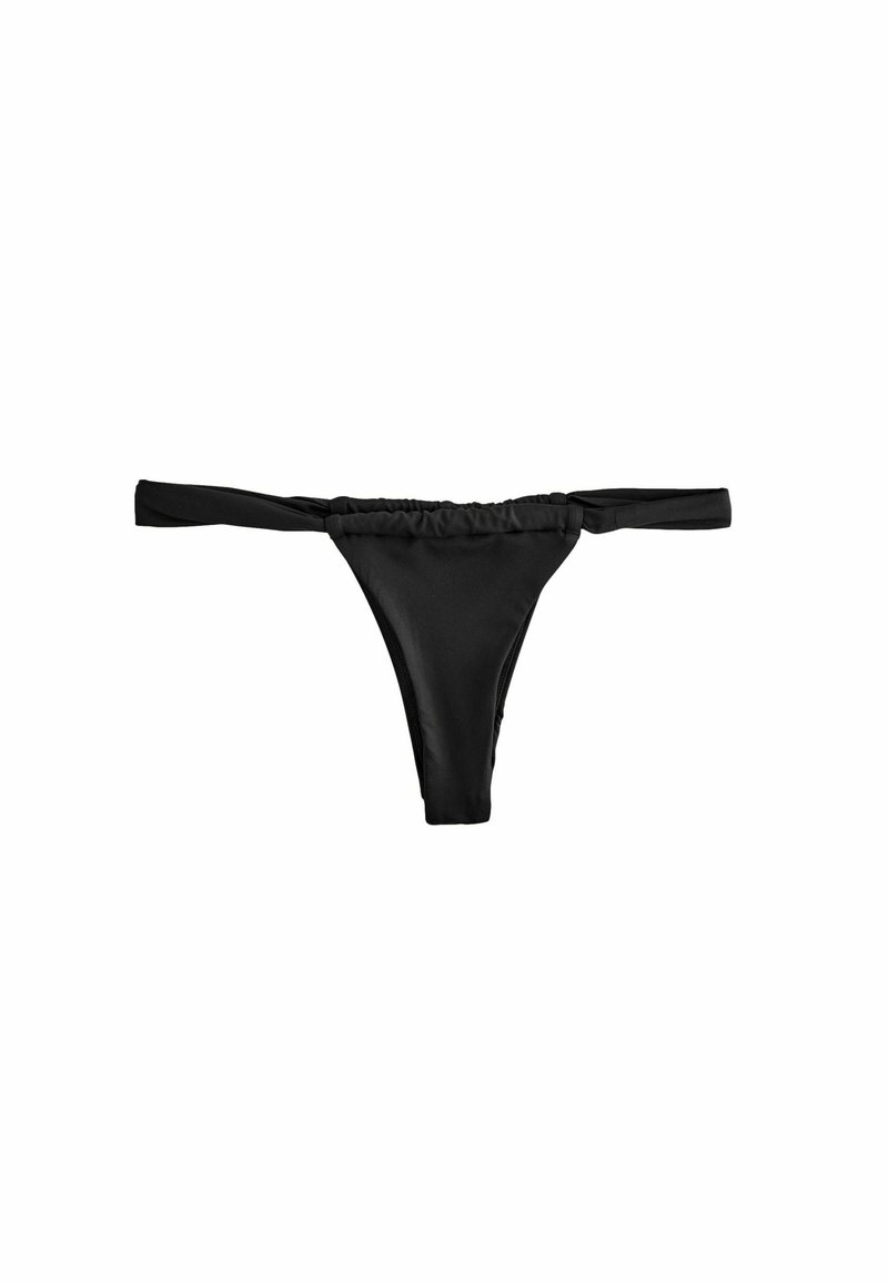 Čierny bikiny thong s tenkým pásom, zberanými stranami a hladkým, elastickým materiálom. Minimalistický dizajn vhodný na plavky.