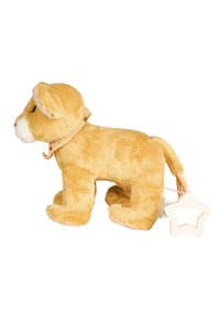Stuffed lion toy features a soft, yellow fur body, a cream face, brown eyes, and a star-shaped teether attached to its tail.