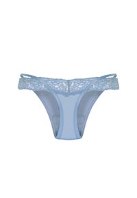 Hellblauer Thong aus glattem Stoff mit einem Spitzenbund. Mit dünnen Trägern und einem minimalistischen Design.
