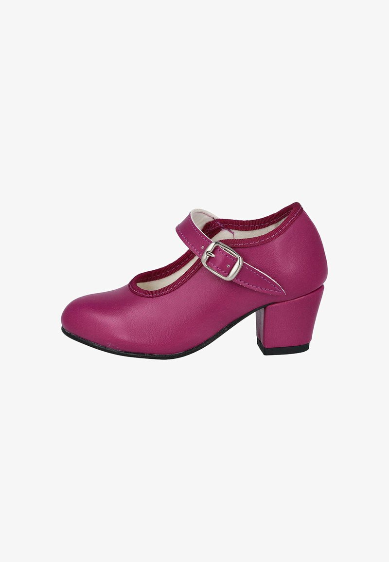 Zapato Mary Jane rosa para niños con tacón medio y correa ajustable con hebilla plateada, mostrado sobre un fondo blanco.