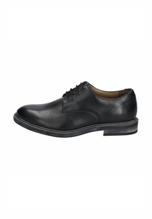 Chaussure habillée à lacets pour homme en cuir noir avec bout arrondi et petit talon empilé, vue de côté extérieur sur fond blanc.