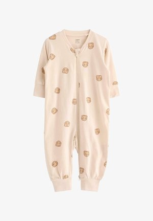 Cremefarvet babybody lavet af blødt stof. Har et heltrykt løvemønster, korte ærmer, fuld frontlynlås og elastiske manchetter.