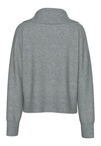 Light grey long-sleeve sweater with a wide ribbed high collar, ribbed cuffs, and a ribbed hem, shown from the back.