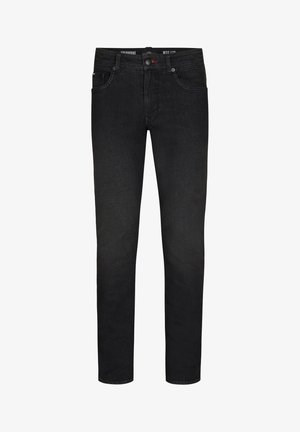 Schwarze Denim-Jeans verfügen über eine schlanke Passform mit fünf Taschen, einem Knopfverschluss und dezenten Nähdetails für Langlebigkeit.