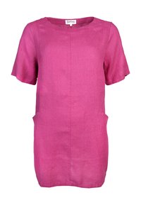Short-sleeve tunic in vibrant pink linen, featuring a round neckline and two side pockets with a subtle texture and clean lines.