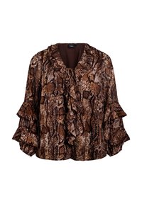 Brown blouse featuring a snake print pattern, ruffled sleeves, and a soft fabric. The neckline includes a tie detail for added design.