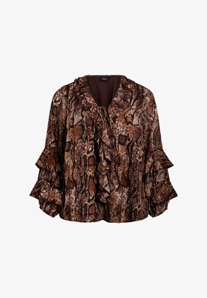 Brown blouse featuring a snake print pattern, ruffled sleeves, and a soft fabric. The neckline includes a tie detail for added design.