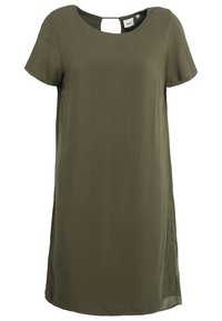 Robe olive verte à manches courtes avec une coupe décontractée, col rond et détail en œillet dans le dos. Tissu léger et doux avec des fentes sur les côtés.