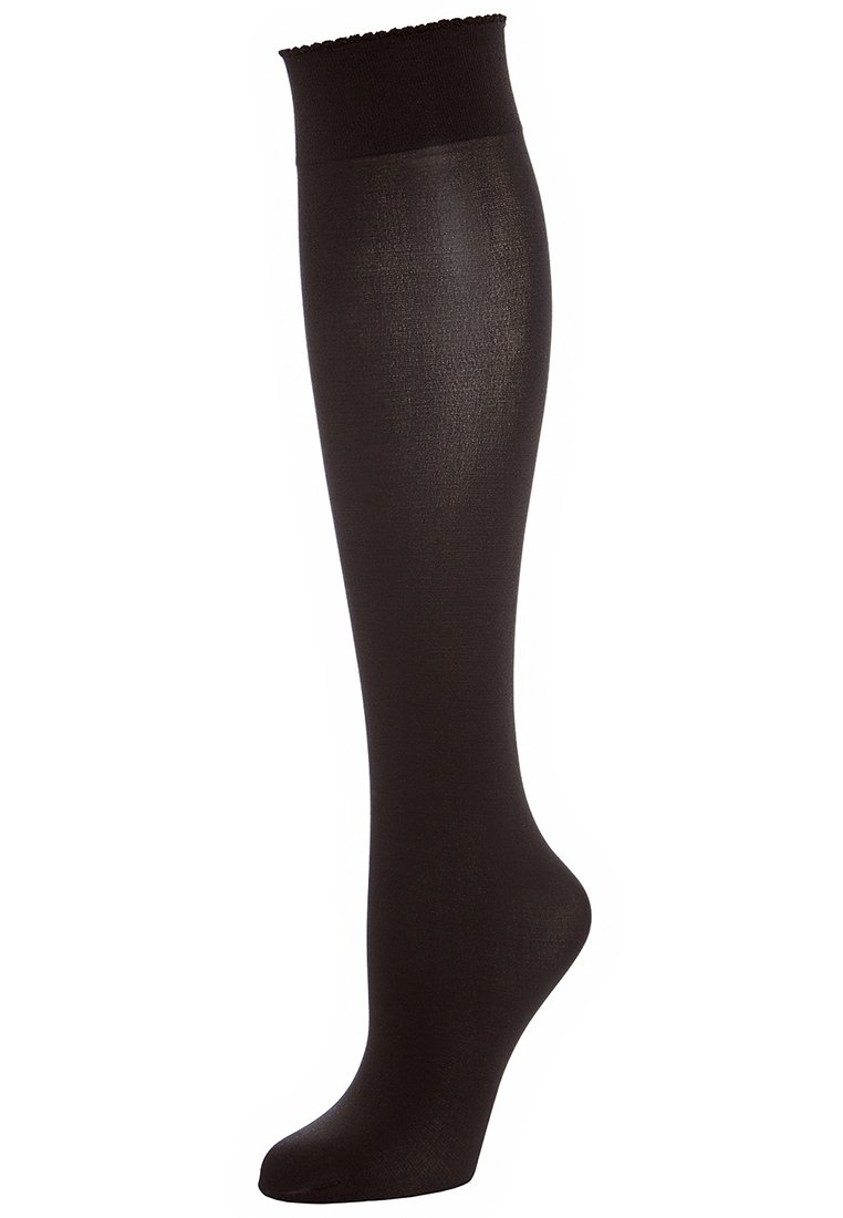 Calza nera al ginocchio con una fascia rigata nella parte superiore. Texture liscia, vestibilità regolare e un design elegante, adatta sia per abbigliamento casual che formale.