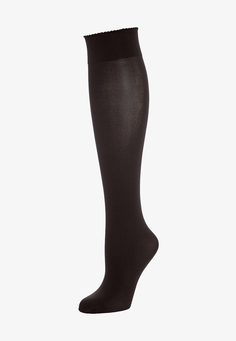 Calza nera al ginocchio con una fascia rigata nella parte superiore. Texture liscia, vestibilità regolare e un design elegante, adatta sia per abbigliamento casual che formale.