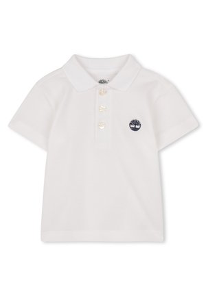 Polo blanc en tissu texturé, doté d'un col, d'une patte de boutonnage à trois boutons et d'un logo arbre bleu marine sur la poitrine gauche.