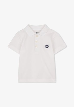 Polo blanc en tissu texturé, doté d'un col, d'une patte de boutonnage à trois boutons et d'un logo arbre bleu marine sur la poitrine gauche.