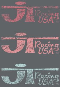 Stylizovaný textový logo s nápisem "JT Racing USA" ve třech barvách: růžové, bílé a modré, s texturovaným, opotřebovaným vzhledem na tmavém pozadí.
