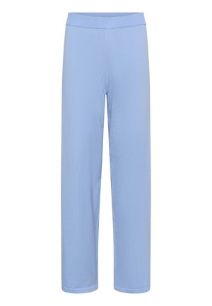 Pantalon droit bleu clair avec une taille élastique, présenté sur un fond blanc.