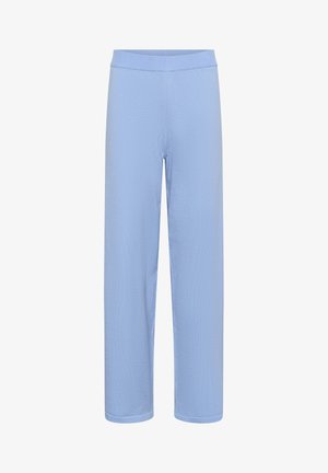Svetlo modri hlače ravnega kroja z elastičnim pasom, prikazane na beli podlagi.