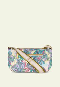 Borsa a spalla con stampa floreale e cerniera; presenta hardware in tonalità oro e una tracolla multicolore regolabile. Tessuto con texture liscia.