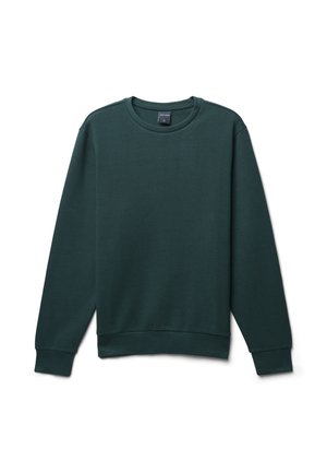 Maglione verde a coste con scollatura rotonda, maniche lunghe e una finitura testurizzata. I polsini e l'orlo sono elasticizzati per una vestibilità aderente.