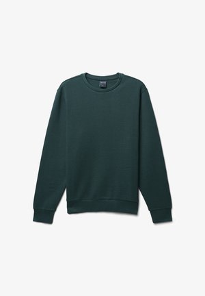 Maglione verde a coste con scollatura rotonda, maniche lunghe e una finitura testurizzata. I polsini e l'orlo sono elasticizzati per una vestibilità aderente.