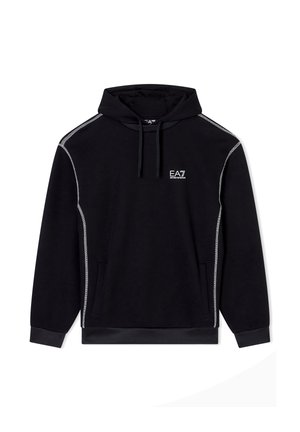 Felpa nera con cappuccio, con cuciture grigie a contrasto e tasca frontale a marsupio. Presenta un logo sul petto. Realizzata in tessuto morbido. Vestibilità normale.