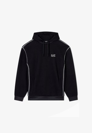 Felpa nera con cappuccio, con cuciture grigie a contrasto e tasca frontale a marsupio. Presenta un logo sul petto. Realizzata in tessuto morbido. Vestibilità normale.