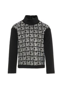 Maglione a collo alto con corpo nero caratterizzato da un motivo a griglia di strass argentati sulla parte anteriore e maniche lunghe nere. Cerniera sul collo.