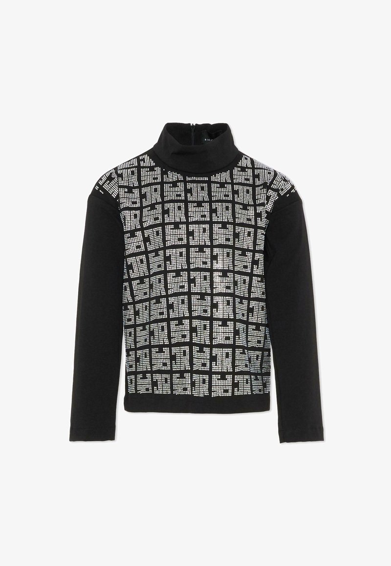 Maglione a collo alto con corpo nero caratterizzato da un motivo a griglia di strass argentati sulla parte anteriore e maniche lunghe nere. Cerniera sul collo.
