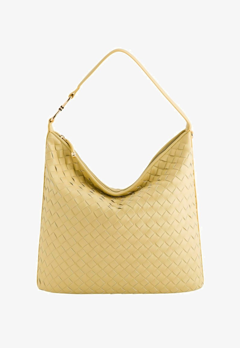Woven leather shoulder bag in pastel yellow with a curved shape, smooth texture, and an adjustable strap featuring a gold-tone zipper.