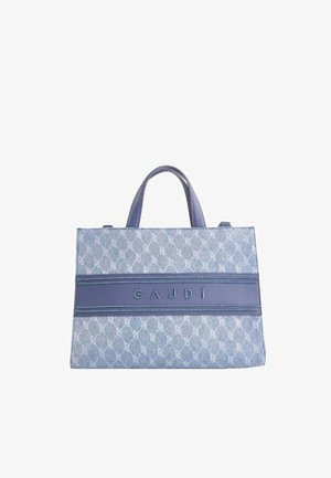 Borsa a mano con motivo azzurro e grigio, dotata di due manici e di una fascia centrale in pelle con il logo "GAUDÌ" inciso.