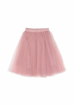 Pink tulle skirt with a soft, layered design. Features an elastic waistband and a sheer, lightweight texture. Flared silhouette.