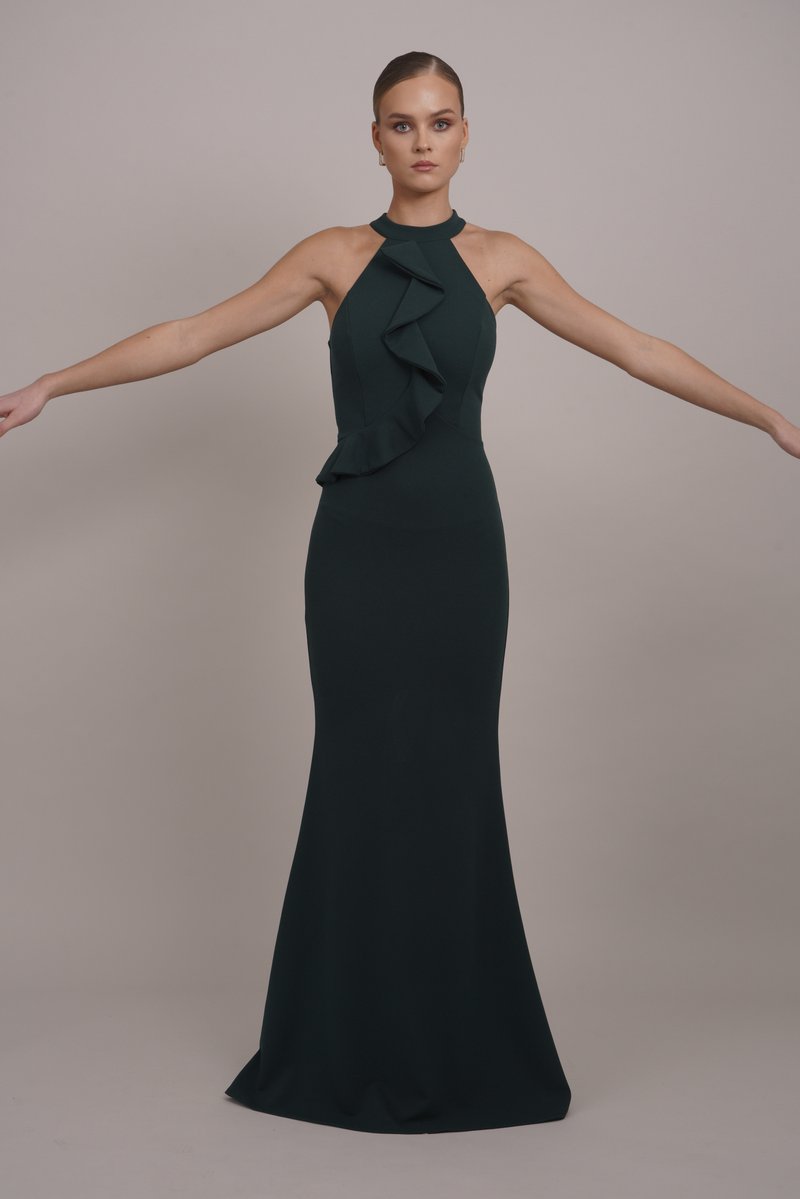 WAL G. TILLY RUFFLE HALTER NECK MAXI DRESS - Occasion wear - forest green/dark  green - Zalando