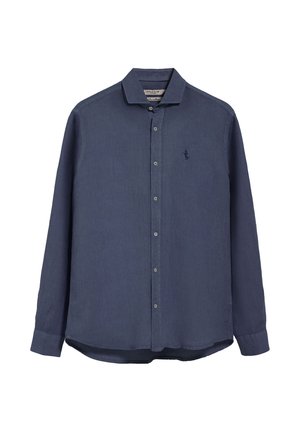 Marineblauwe shirt met lange mouwen van gestructureerde stof, met een normale kraag, knoopsluiting en een klein geborduurd logo op de borst.
