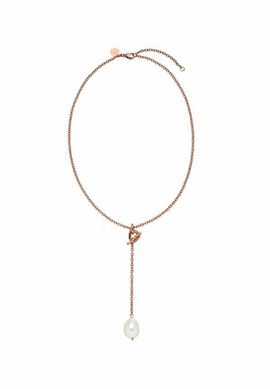Collier en acier doré rose avec un détail en nœud et un pendentif avec une perle blanche. La chaîne a une texture délicate avec un design de maillon fin.