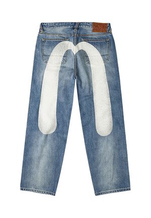 Jeans in denim blu con motivo dipinto bianco sbiadito a forma di arco sulle tasche posteriori e sulla parte superiore delle gambe, con cuciture standard e passanti per cintura.