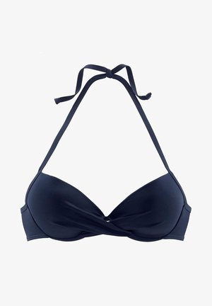 Dunkelblaues Bikini-Oberteil mit verdrehtem Frontdesign, verstellbaren Halterträgern und glattem Stoff. Entworfen in einer dreieckigen Form mit vorgeformten Cups.