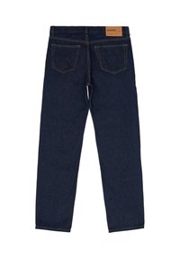 Mörkblå jeans i denim med rak skärning, utrustade med två bakfickor, en läderlapp på midjebandet och synliga sömdetaljer.