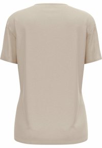 Beige short-sleeve t-shirt with a round neckline, made from soft fabric, featuring a smooth texture and no visible patterns or accents.
