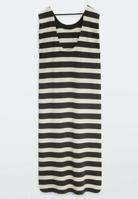 Zwart en crèmekleurig gestreepte mouwloze jurk met een ronde hals, gemaakt van een gladde stof, die tot kniehoogte valt met een ontspannen pasvorm.