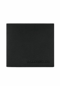 Billetera de cuero negro con superficie texturizada. Presenta el nombre de la marca en relieve "ARMANI EXCHANGE" en la parte inferior frontal. Diseño plegado.