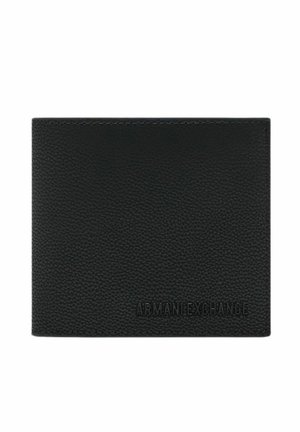 Black leather wallet with a textured surface. Features the embossed brand name "ARMANI EXCHANGE" on the front bottom. Folded design.
