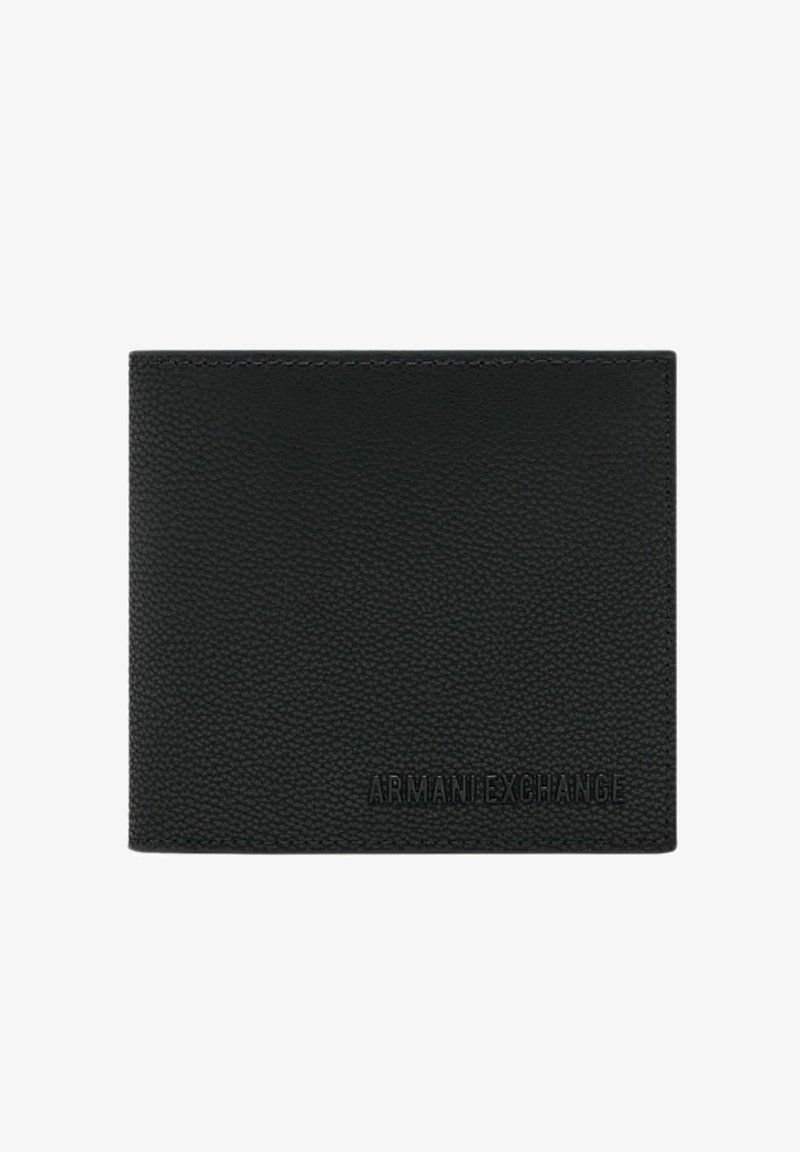 Schwarze Lederbrieftasche mit strukturierten Oberflächen. Auf der Vorderseite unten befindet sich der eingeprägte Markenname "ARMANI EXCHANGE". Gefaltetes Design.