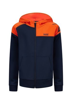 Navy blue and bright orange hooded zip-up jacket with front pockets and "RETOUR" logo on the chest.