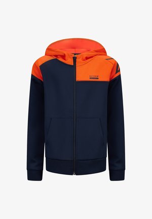 Navy blue and bright orange hooded zip-up jacket with front pockets and "RETOUR" logo on the chest.