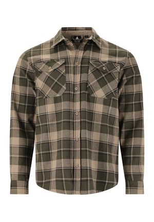 Men's flannel shirt in olive green and beige plaid, featuring long sleeves, two chest pockets, and button closures. Soft texture and casual design.