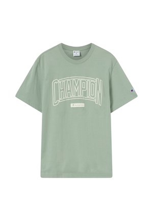 Minzgrünes Baumwoll-T-Shirt mit fettem weißem "CHAMPION"-Schriftzug auf der Vorderseite, kurzen Ärmeln und Rundhalsausschnitt.