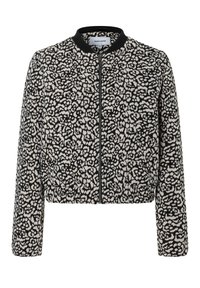Kurz geschnittene Bomberjacke aus schwarzem und cremefarbenem Stoff mit floralem Muster, geripptem Kragen und durchgehendem Frontreißverschluss. Strukturierte Oberfläche mit elastischem Saum.