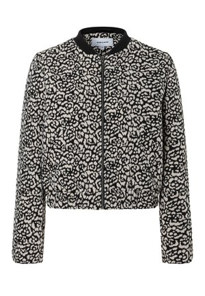 Kurz geschnittene Bomberjacke aus schwarzem und cremefarbenem Stoff mit floralem Muster, geripptem Kragen und durchgehendem Frontreißverschluss. Strukturierte Oberfläche mit elastischem Saum.